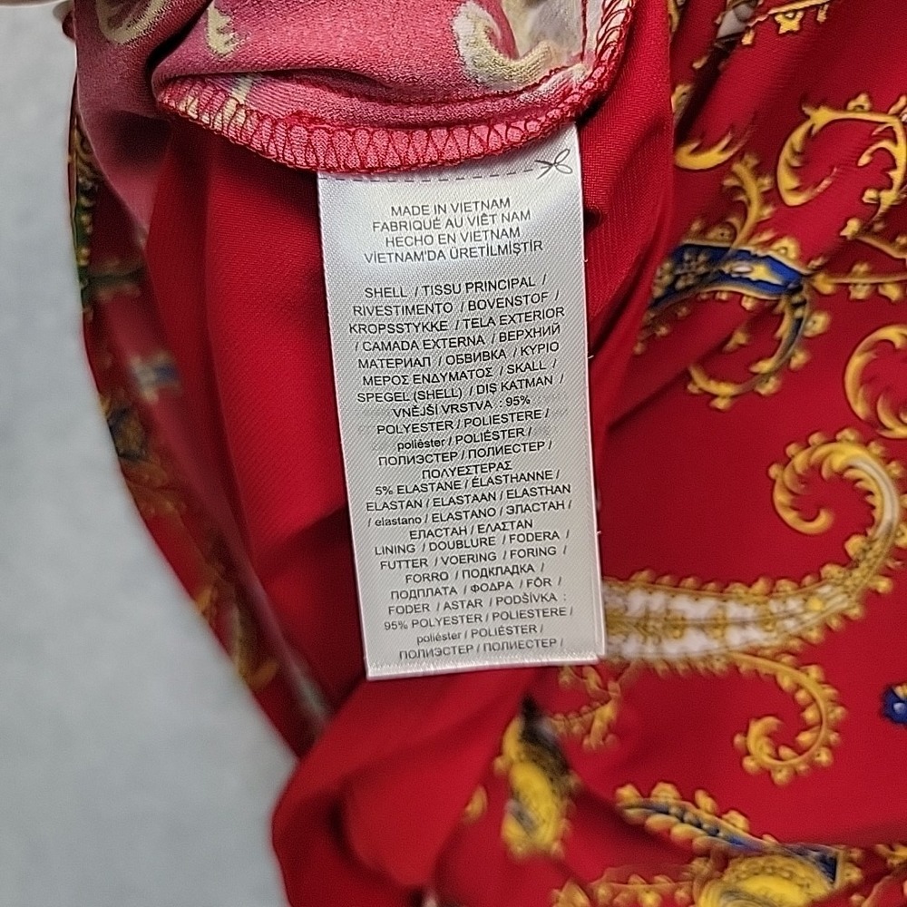 LAUREN RALPH LAUREN Paisley Pleated Surplice Faux Wrap Jersey Dress 6 Red Blue - Picture 11 of 12